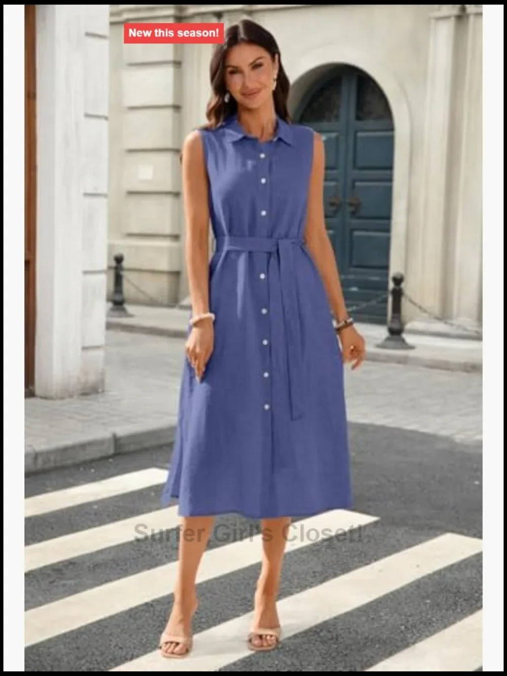 100% Linen Midi Dress Button Down Sleeveless Collared Shift with Pockets Summer